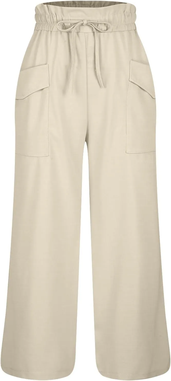 Women's Wide Leg Lounge Pants with Pockets High Waisted Palazzo Tie Knot Flowy Trousers 2025 Cotton Linen Beach Pants