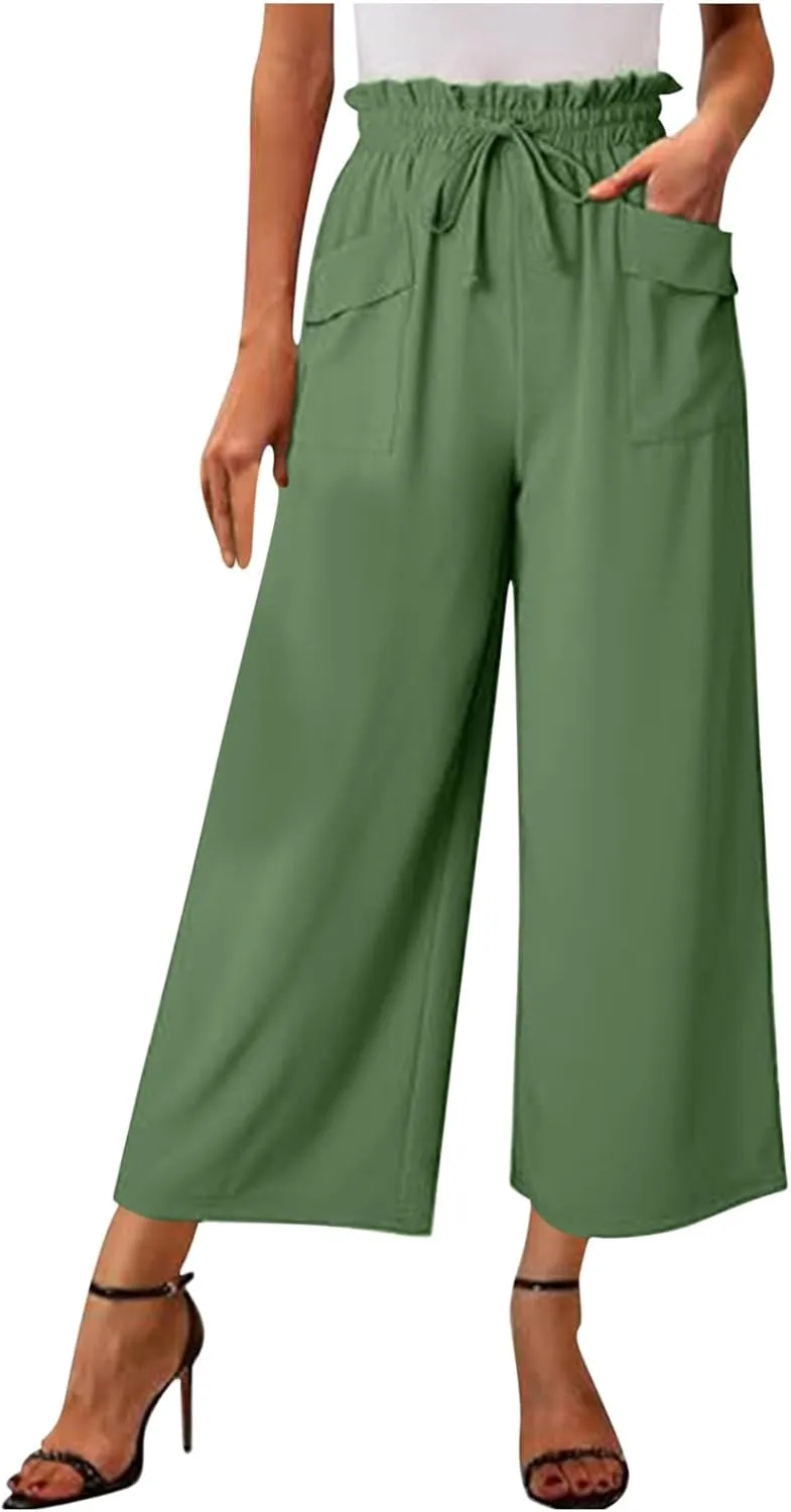 Women's Wide Leg Lounge Pants with Pockets High Waisted Palazzo Tie Knot Flowy Trousers 2025 Cotton Linen Beach Pants