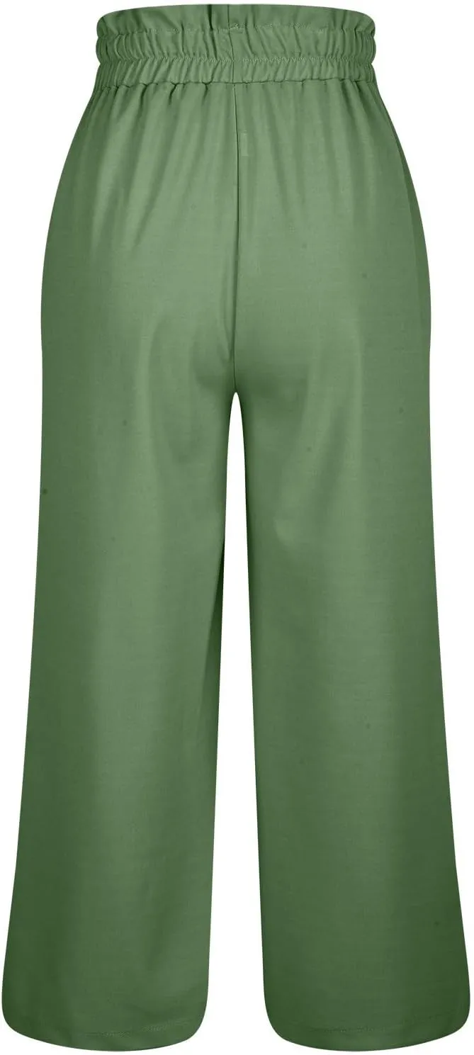 Women's Wide Leg Lounge Pants with Pockets High Waisted Palazzo Tie Knot Flowy Trousers 2025 Cotton Linen Beach Pants
