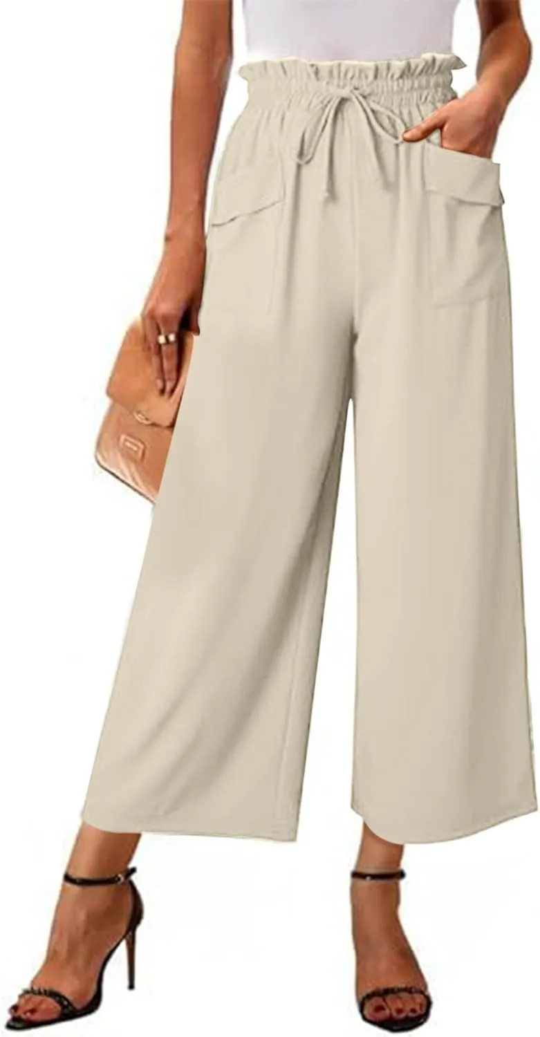 Women's Wide Leg Lounge Pants with Pockets High Waisted Palazzo Tie Knot Flowy Trousers 2025 Cotton Linen Beach Pants