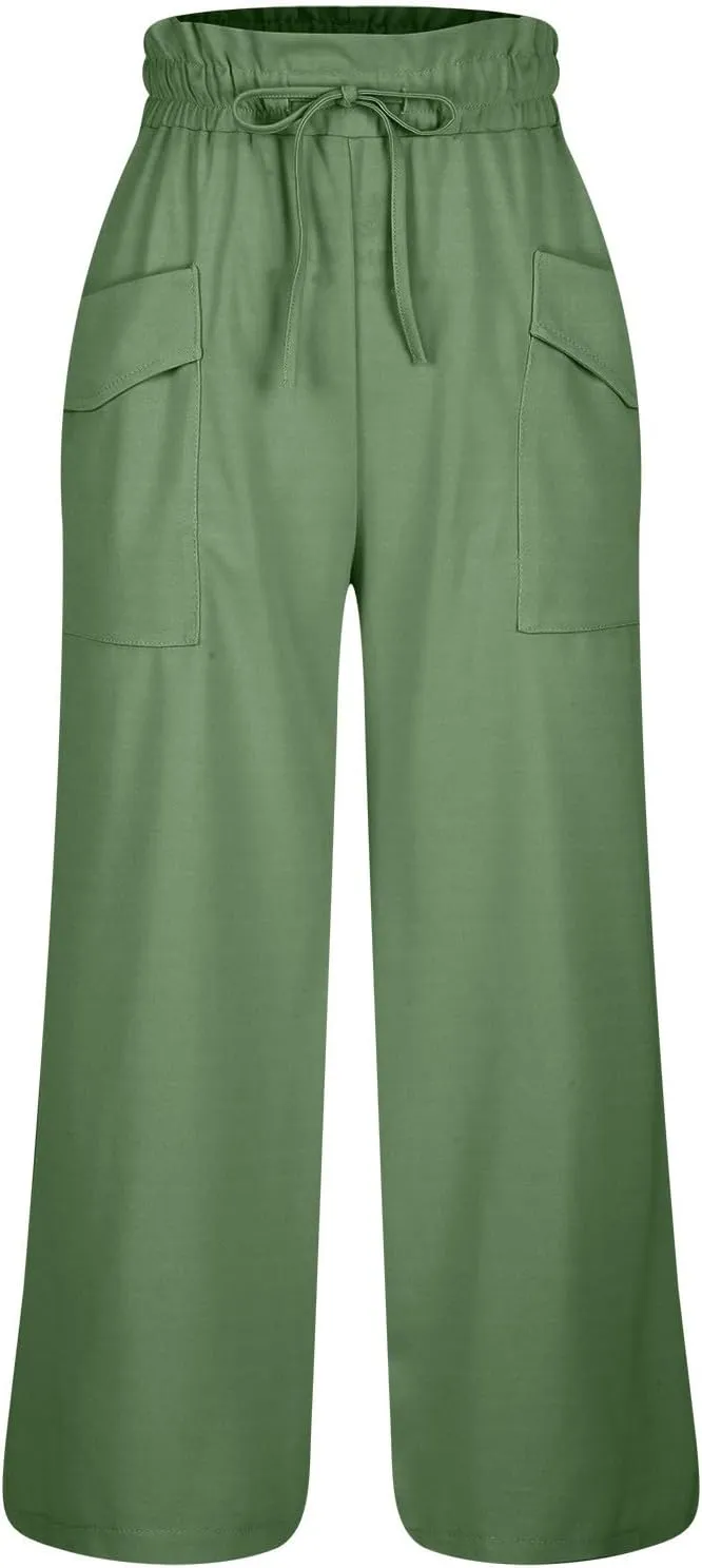 Women's Wide Leg Lounge Pants with Pockets High Waisted Palazzo Tie Knot Flowy Trousers 2025 Cotton Linen Beach Pants