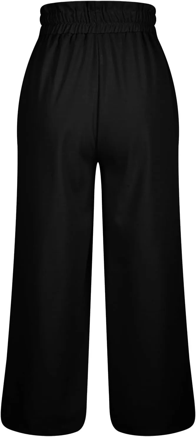 Women's Wide Leg Lounge Pants with Pockets High Waisted Palazzo Tie Knot Flowy Trousers 2025 Cotton Linen Beach Pants
