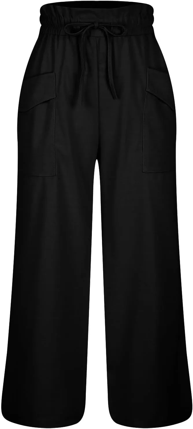 Women's Wide Leg Lounge Pants with Pockets High Waisted Palazzo Tie Knot Flowy Trousers 2025 Cotton Linen Beach Pants