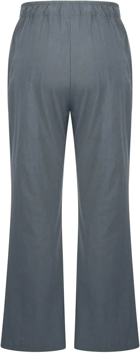 Womens Wide Leg Palazzo Pants Cotton Linen Elastic High Waist Pull-On Summer Casual Trousers with Pockets