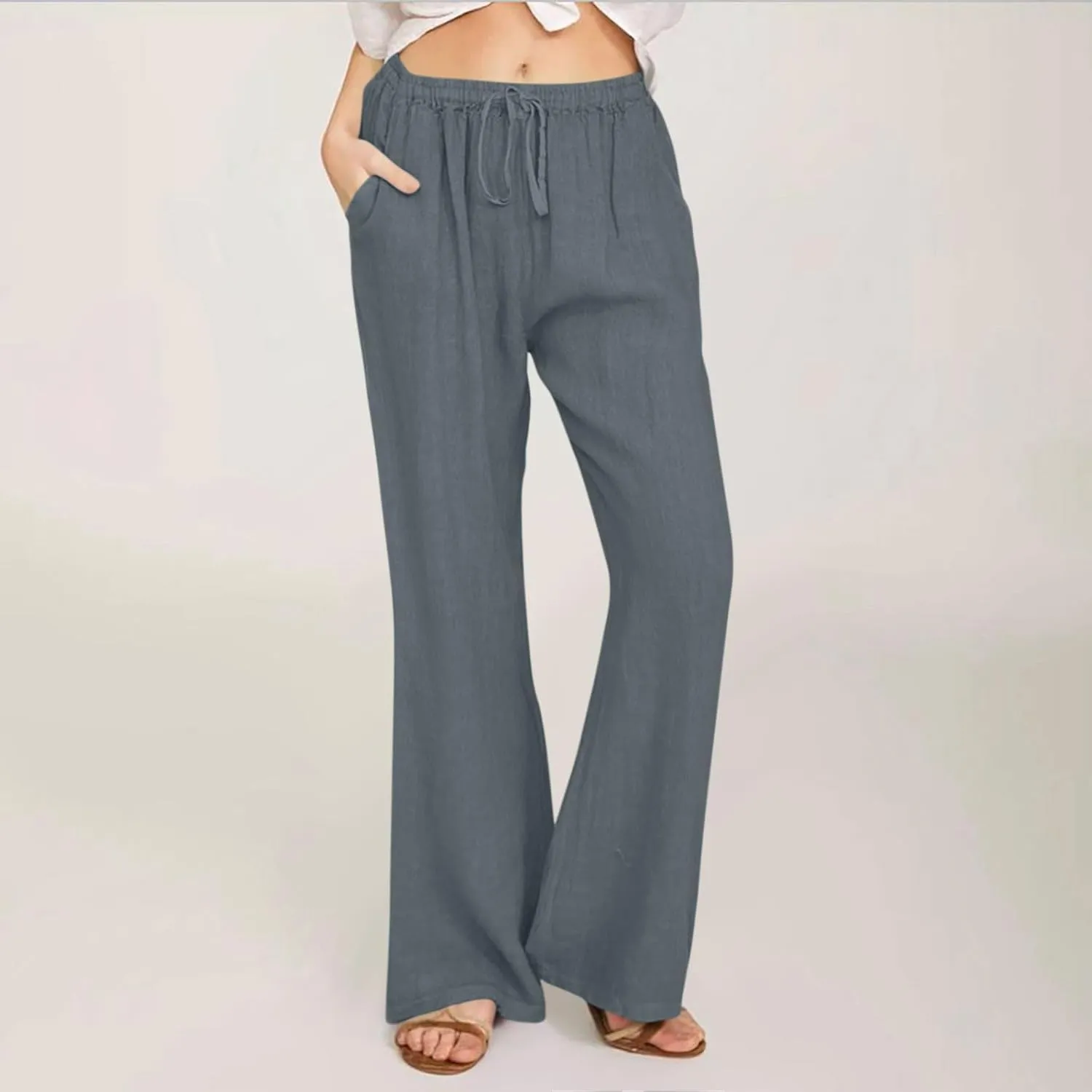 Womens Wide Leg Palazzo Pants Cotton Linen Elastic High Waist Pull-On Summer Casual Trousers with Pockets