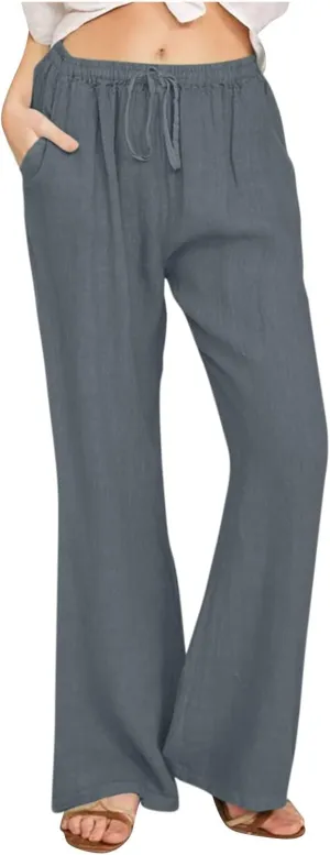 Womens Wide Leg Palazzo Pants Cotton Linen Elastic High Waist Pull-On Summer Casual Trousers with Pockets