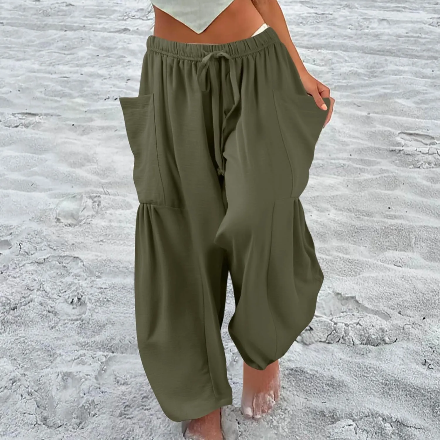 Women's Wide Leg Pants Comfy Casual Loose Fit Drawstring Flowy Summer Beach Palazzo Harem Pants with Pockets