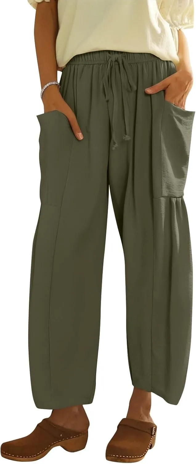 Women's Wide Leg Pants Comfy Casual Loose Fit Drawstring Flowy Summer Beach Palazzo Harem Pants with Pockets