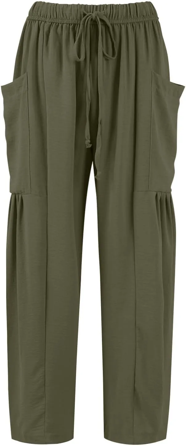 Women's Wide Leg Pants Comfy Casual Loose Fit Drawstring Flowy Summer Beach Palazzo Harem Pants with Pockets