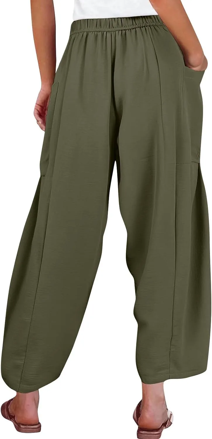 Women's Wide Leg Pants Comfy Casual Loose Fit Drawstring Flowy Summer Beach Palazzo Harem Pants with Pockets