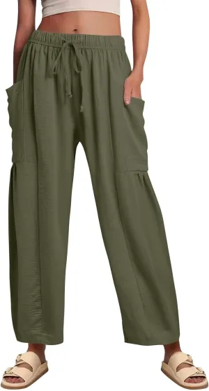 Women's Wide Leg Pants Comfy Casual Loose Fit Drawstring Flowy Summer Beach Palazzo Harem Pants with Pockets
