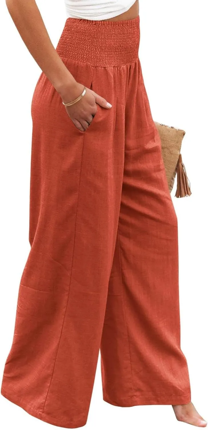 ZWRXW Linen Pants for Women 2024 Summer Wide Leg High Waist Palazzo Lounge Pants Beach Work Boho Casual Trousers with Pockets