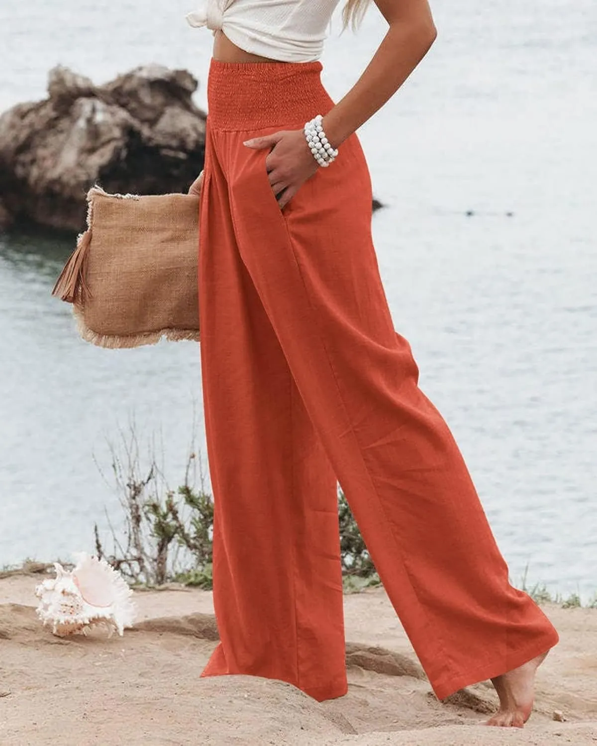 ZWRXW Linen Pants for Women 2024 Summer Wide Leg High Waist Palazzo Lounge Pants Beach Work Boho Casual Trousers with Pockets