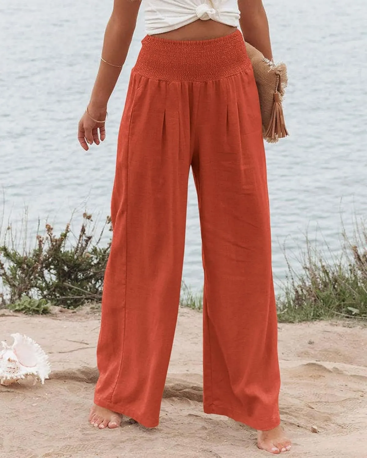 ZWRXW Linen Pants for Women 2024 Summer Wide Leg High Waist Palazzo Lounge Pants Beach Work Boho Casual Trousers with Pockets