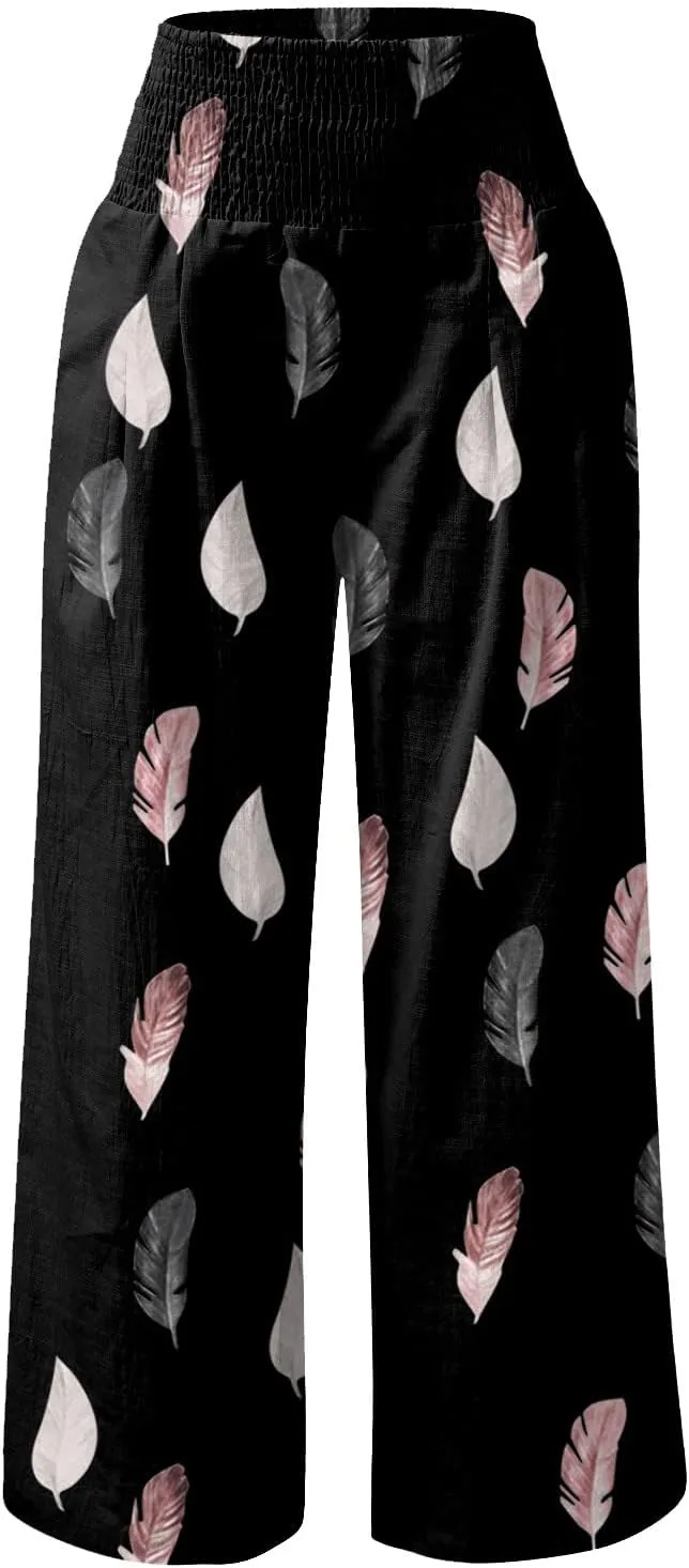 ZYXTIM Womens Linen Palazzo Pants Marble Print Boho Summer Beach Trousers High Rise Wide Leg Casual Lounge Pant with Pockets