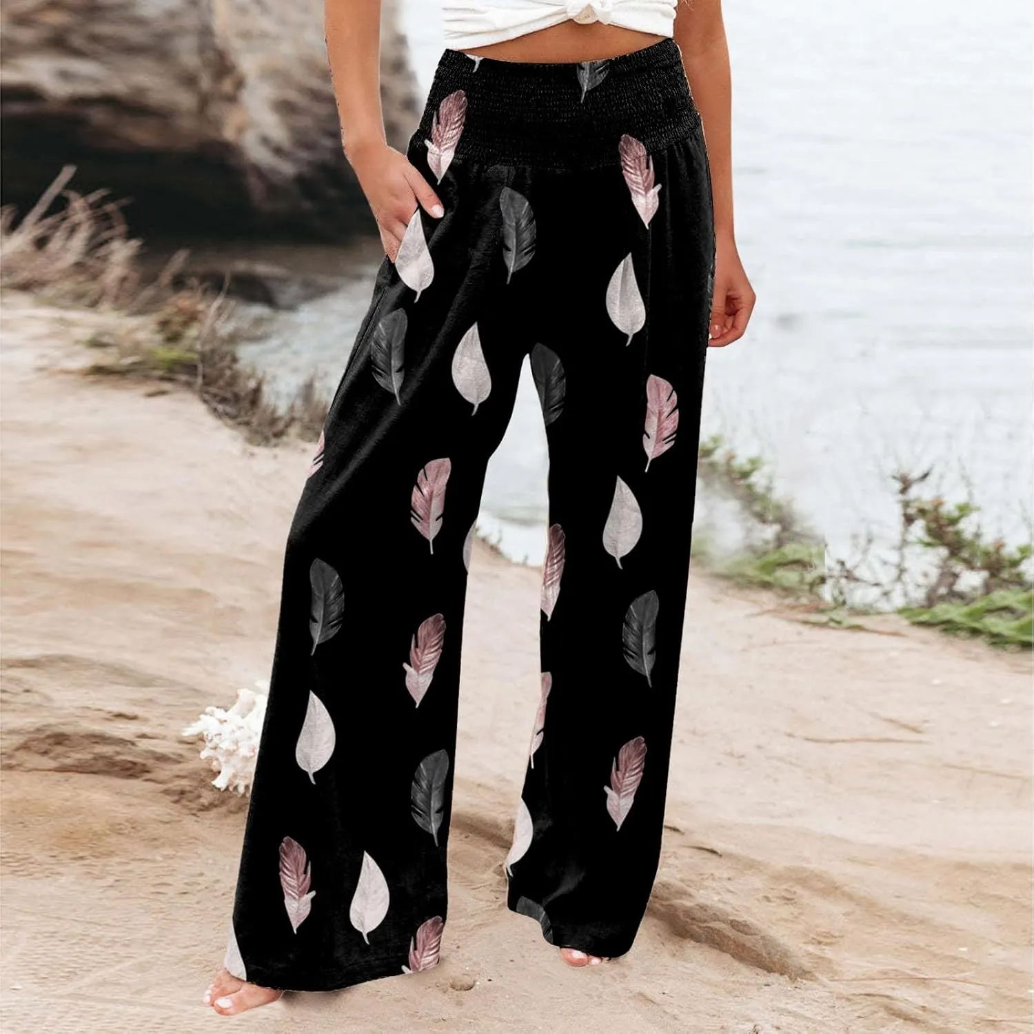 ZYXTIM Womens Linen Palazzo Pants Marble Print Boho Summer Beach Trousers High Rise Wide Leg Casual Lounge Pant with Pockets
