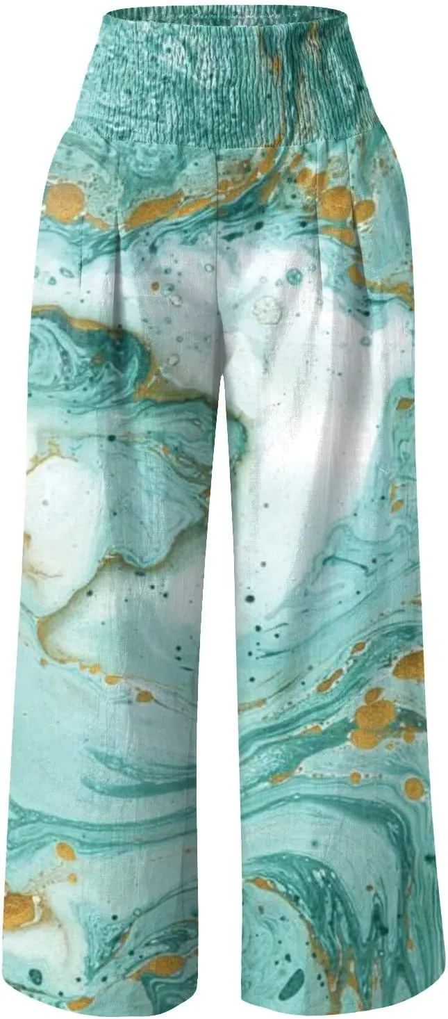 ZYXTIM Womens Linen Palazzo Pants Marble Print Boho Summer Beach Trousers High Rise Wide Leg Casual Lounge Pant with Pockets