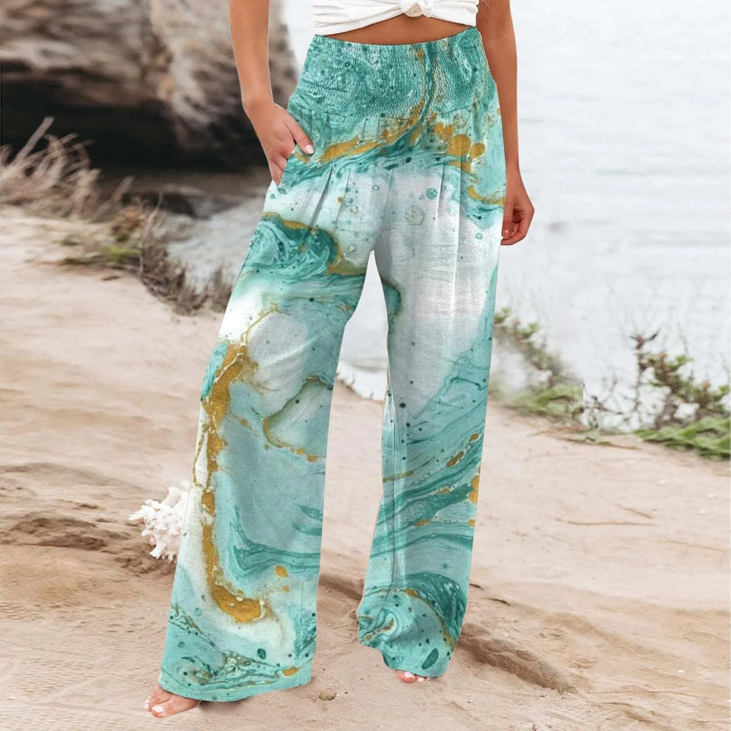 ZYXTIM Womens Linen Palazzo Pants Marble Print Boho Summer Beach Trousers High Rise Wide Leg Casual Lounge Pant with Pockets