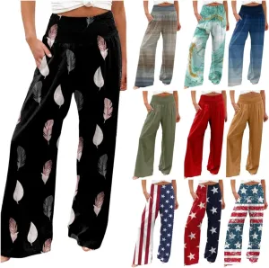ZYXTIM Womens Linen Palazzo Pants Marble Print Boho Summer Beach Trousers High Rise Wide Leg Casual Lounge Pant with Pockets