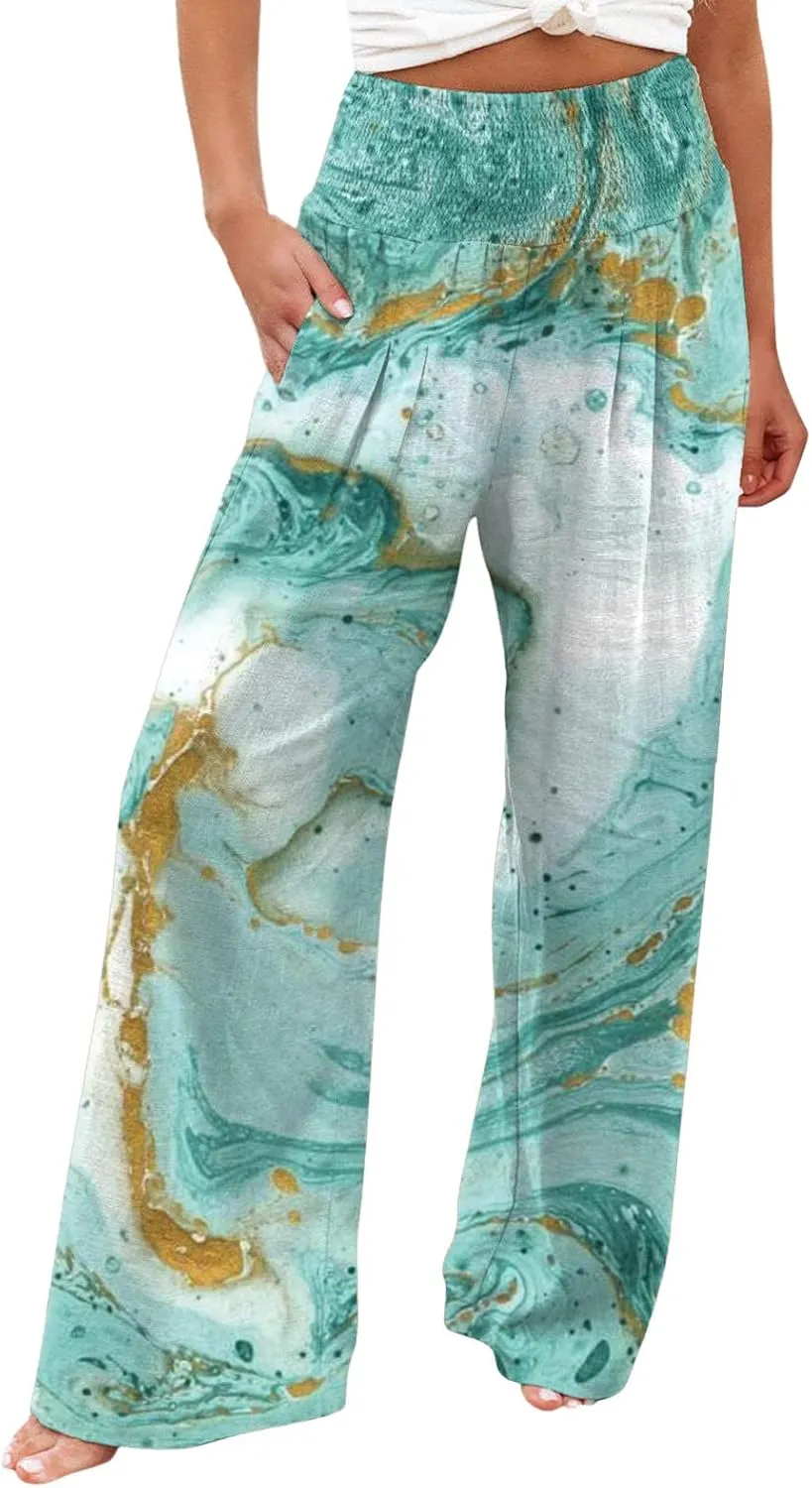 ZYXTIM Womens Linen Palazzo Pants Marble Print Boho Summer Beach Trousers High Rise Wide Leg Casual Lounge Pant with Pockets