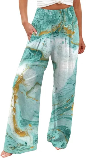 ZYXTIM Womens Linen Palazzo Pants Marble Print Boho Summer Beach Trousers High Rise Wide Leg Casual Lounge Pant with Pockets
